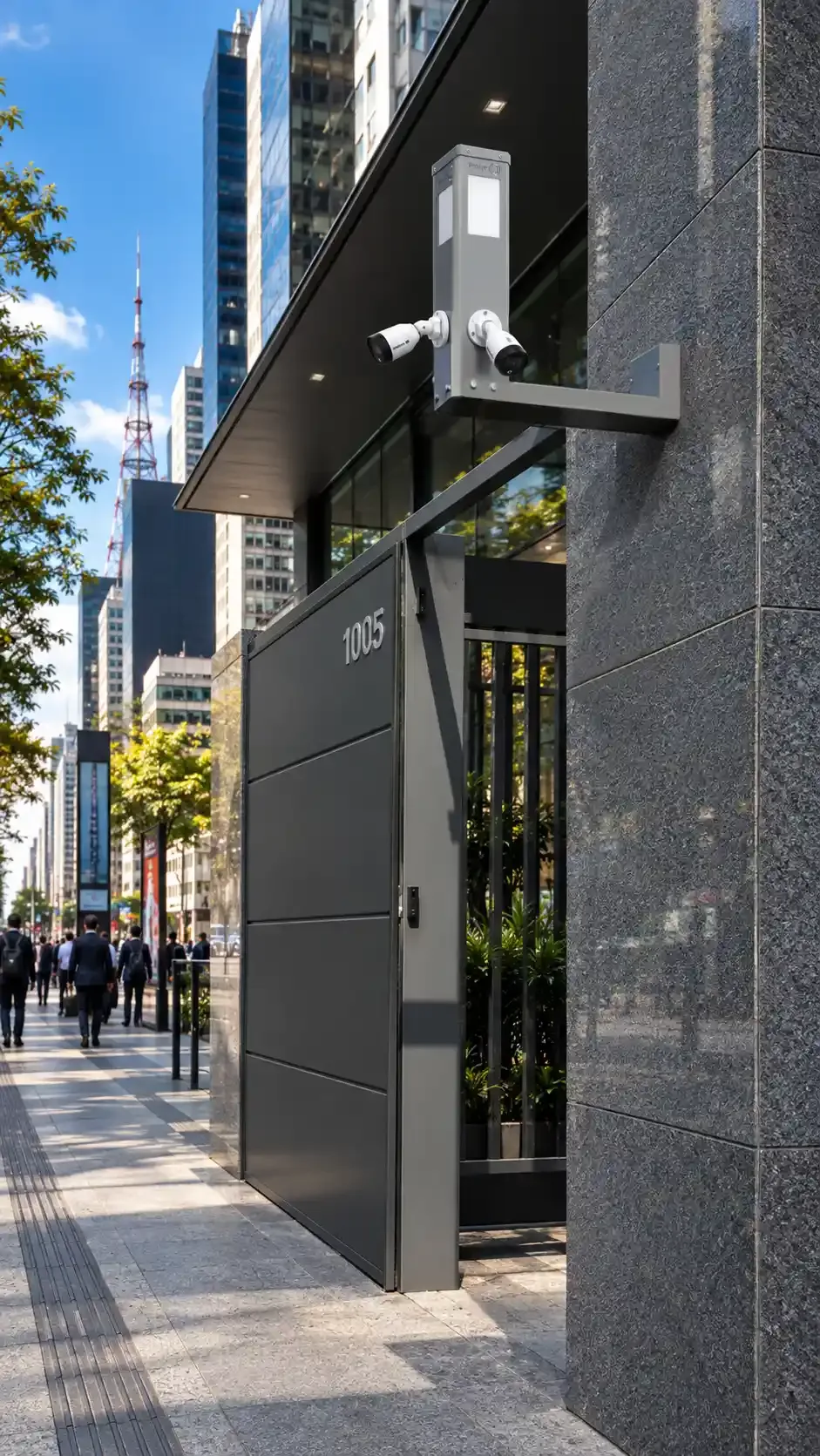 Totem de Parede Slim ProtectM com braço de 50 cm e câmeras na fachada de prédio comercial